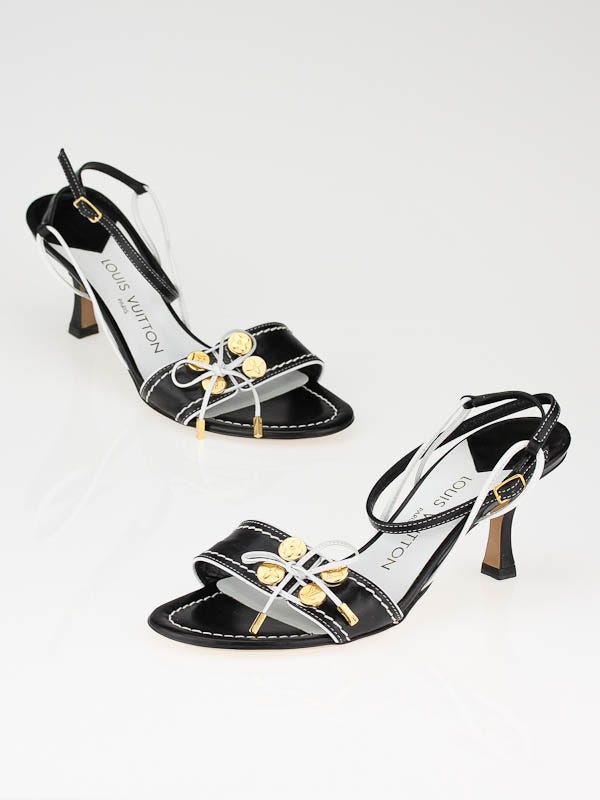 Louis Vuitton Black/White Leather Ankle Wrap Charm Sandals Size 6.5/37