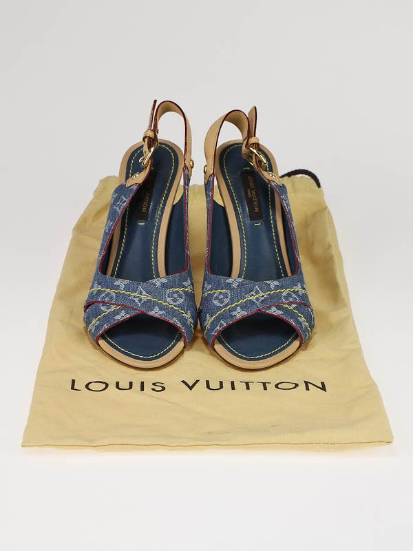 Louis Vuitton Blue Denim Monogram Denim Wood Platform Sandal Heels