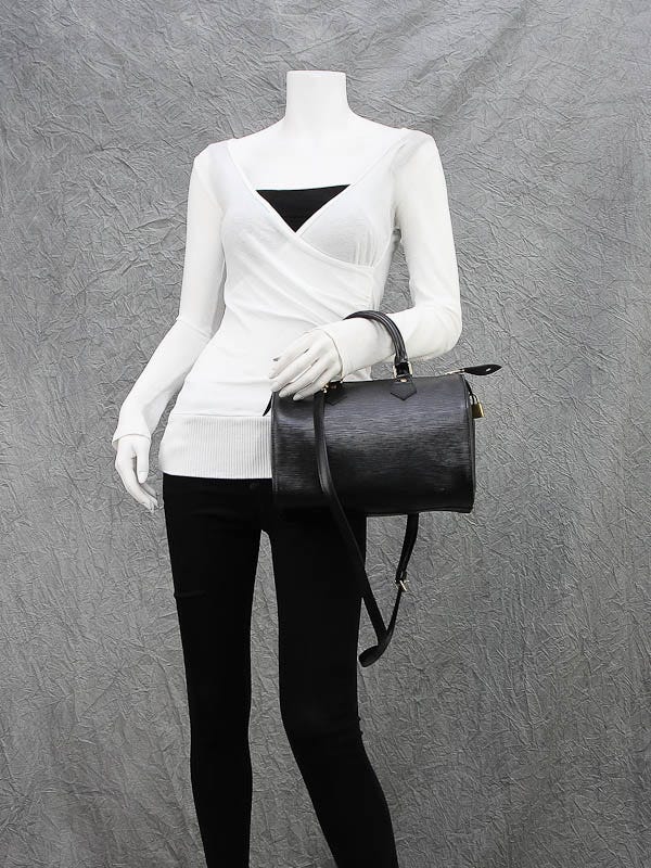 Louis Vuitton Black Epi Leather Speedy 25 Bag w/Shoulder Strap
