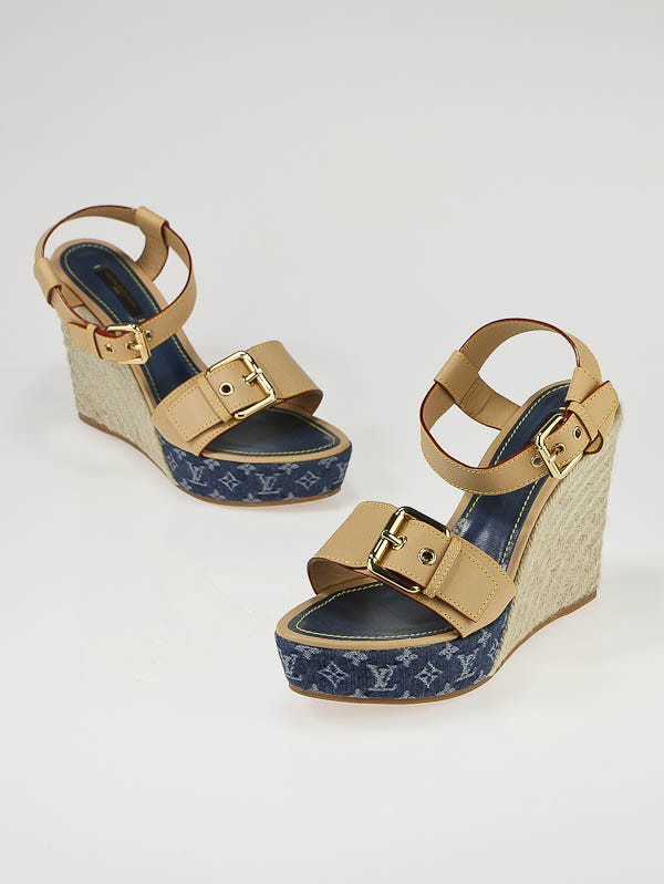 Louis Vuitton Blue Denim Monogram Denim Open Toe Wedge Sandals Size 9/39.5