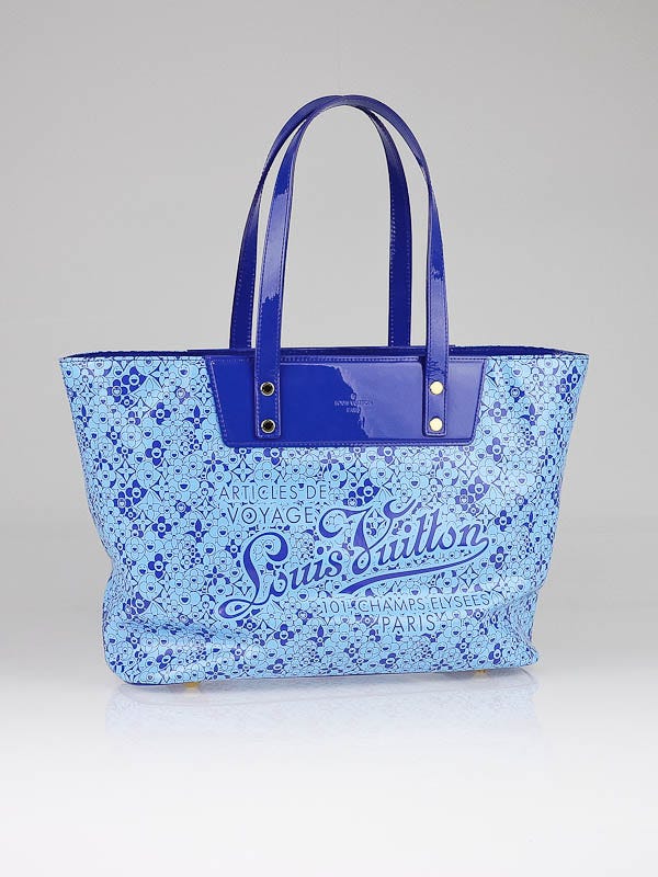 Louis Vuitton Limited Edition Bleu Shiny Leather Cosmic Blossom Tote PM Bag  - Yoogi's Closet