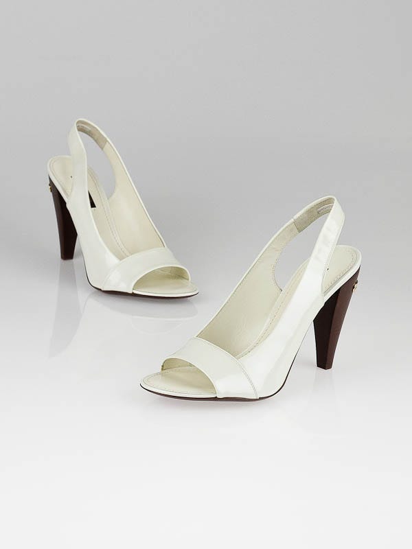 Louis Vuitton White Patent Leather Pivoine Sandal Slingback Heels Size 7.5/38