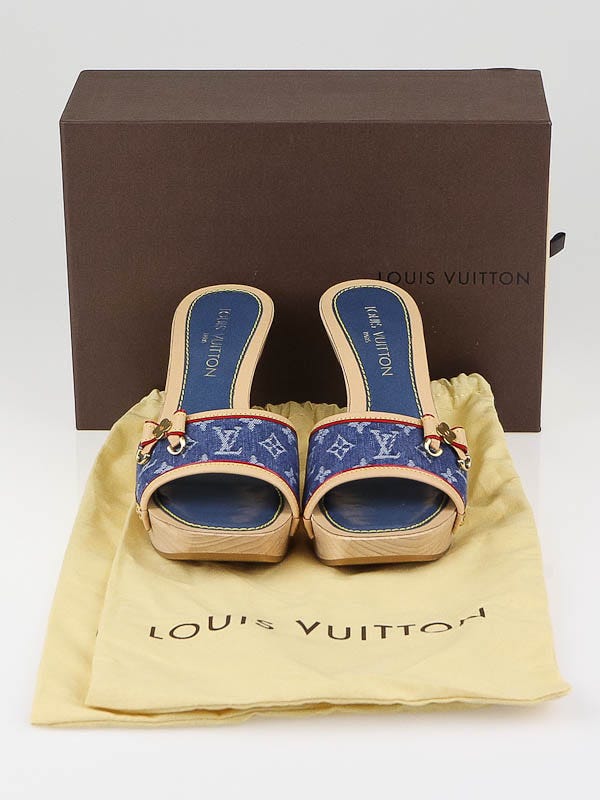 Louis Vuitton Blue Monogram Denim And Leather Bow Slide Sandals Size 39.5