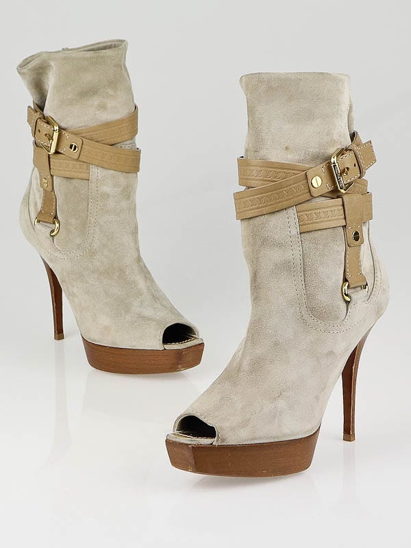 Louis Vuitton Taupe Suede Peep-Toe Ankle Boots Size 5.5/36