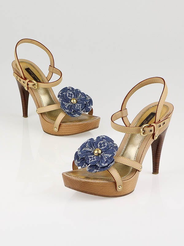 Louis Vuitton Blue Monogram Denim Flower Platform Strappy Sandals Size  4.5/35 - Yoogi's Closet