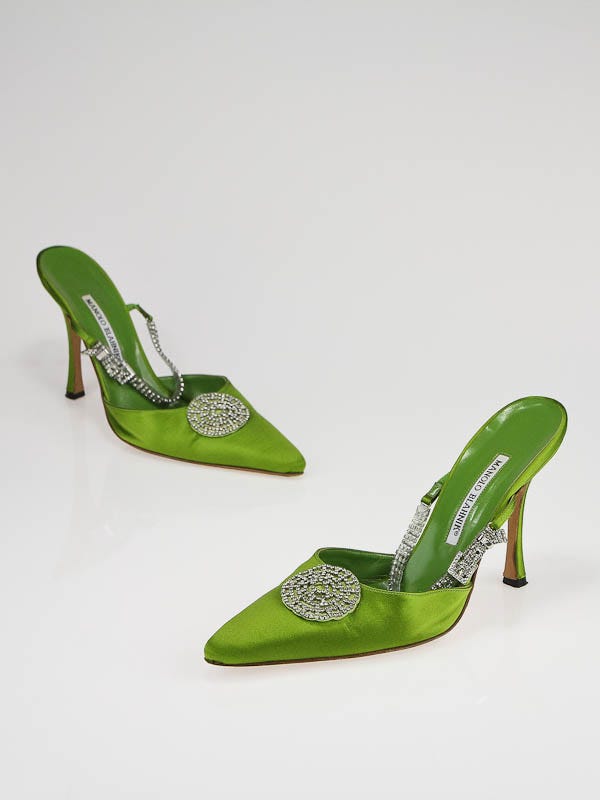 Manolo Blahnik Apple Green Satin and Rhinestone Buckle Slingback Heels Size 9/39.5