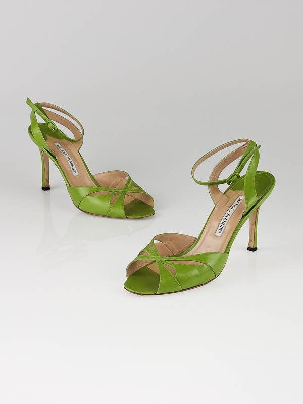 Manolo Blahnik Grass Green Leather Ankle Strap Heels Size 8.5/39
