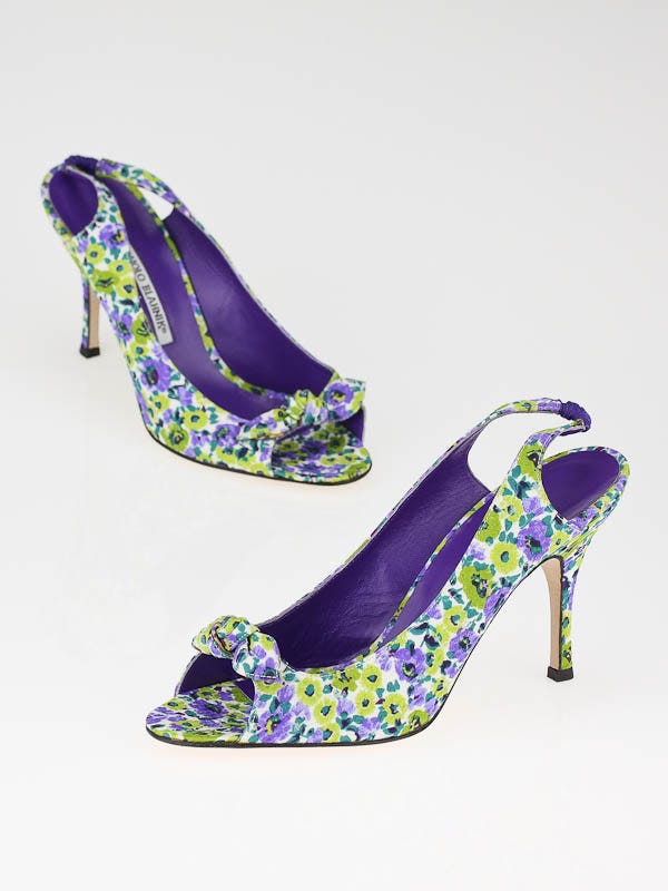 Manolo Blahnik Purple/Lime Green Floral with Bow Peep Toe Pumps Size 8.5/39