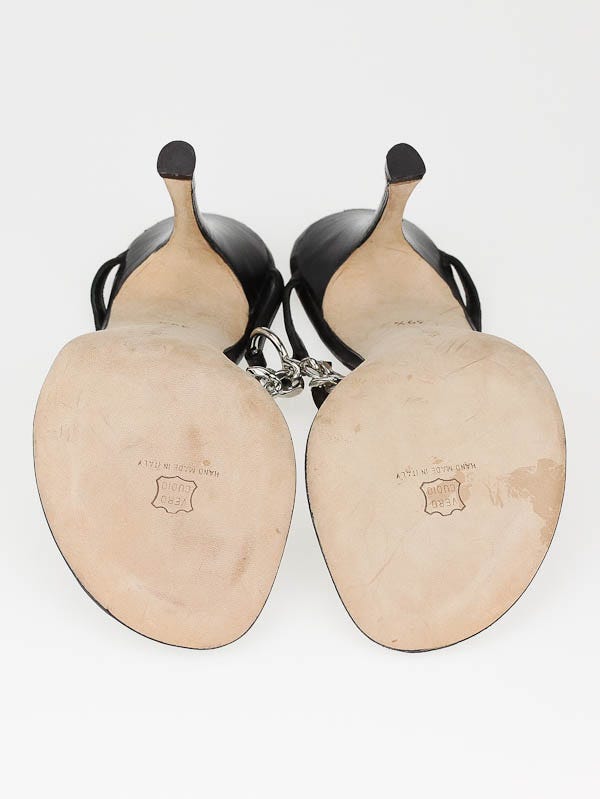 Manolo Blahnik Black Leather and Silver Chain Slingback