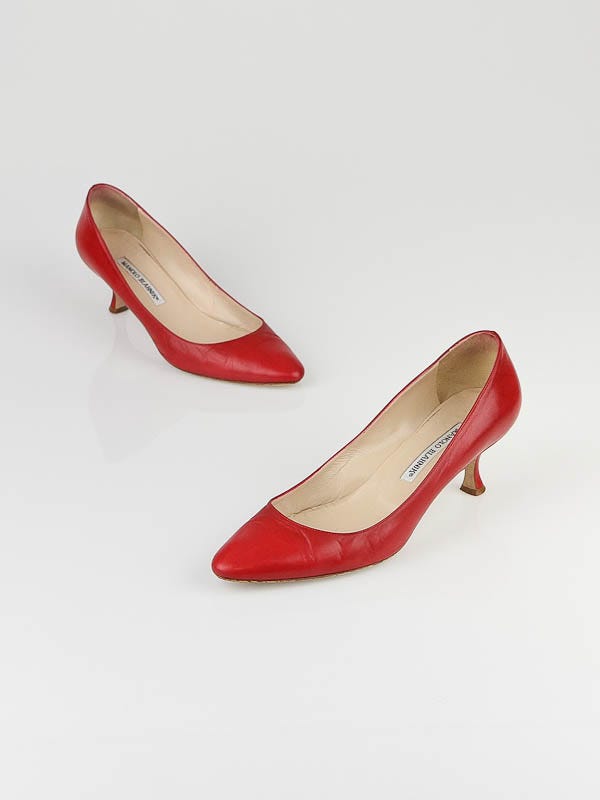 Manolo Blahnik Red Leather Kitten Heel Pumps Size 7.5/38