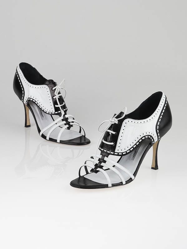 Manolo Blahnik Black/White Leather Fonden Spectator Sandals Size 10.5/41