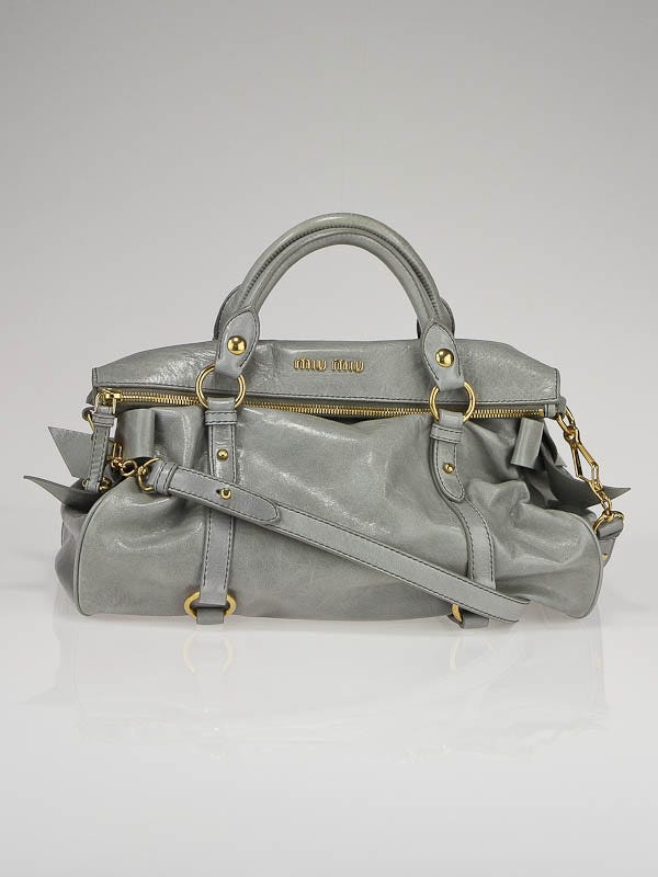 Miu Miu Grey Leather Fold-Over Bow Satchel Bag