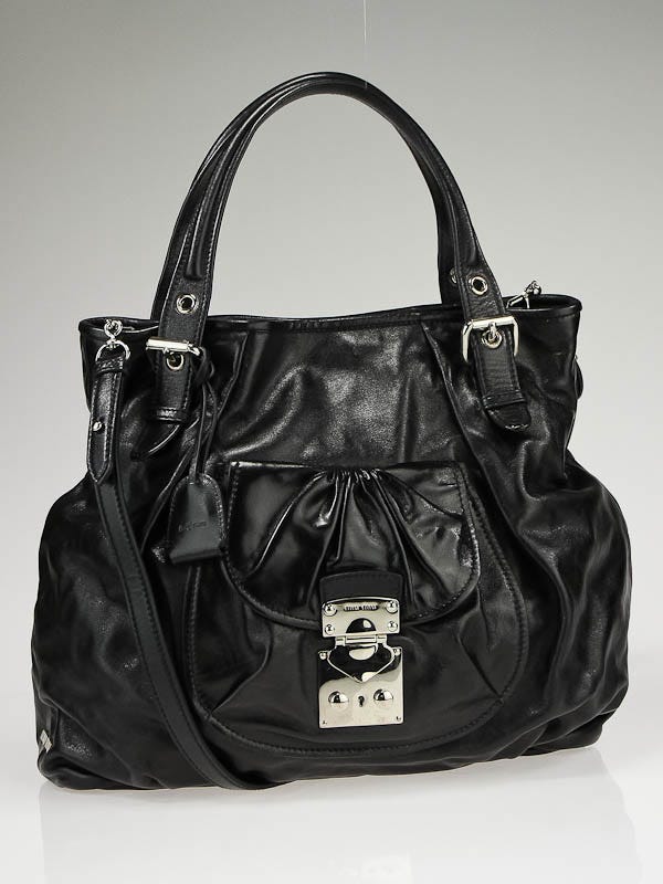 Miu Miu Black Leather Lux Metal Front Pocket Tote Bag