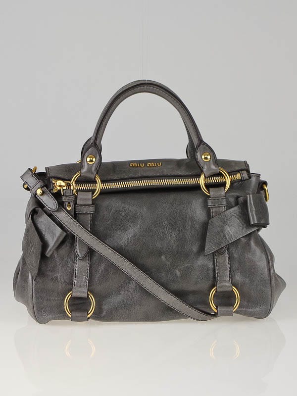Miu Miu Grey Vitello Lux Leather Fold-Over Mini Bow Satchel Bag
