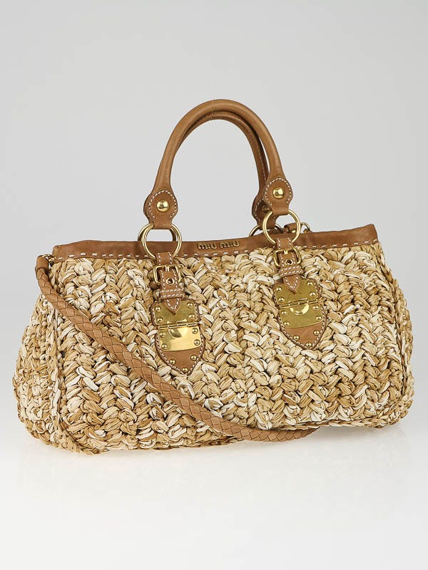 Miu Miu Brown Leather Trim Raffia Shopping Tote Bag