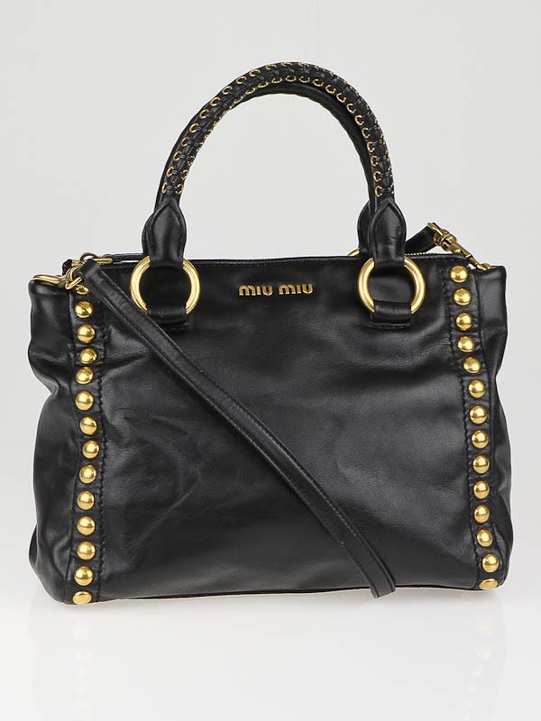 Miu Miu Black Leather Studded Bauletto Aperto Tote Bag | Yoogi's