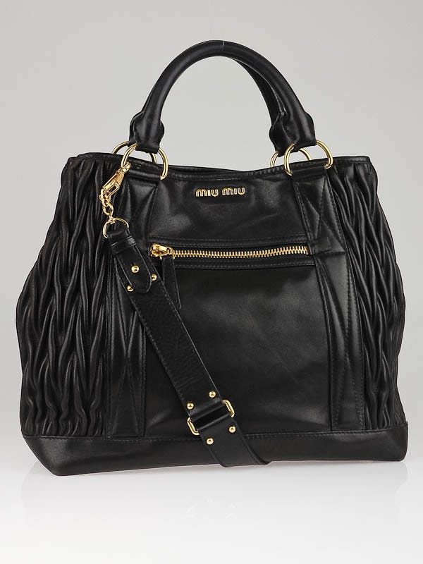 Miu Miu Black Leather Vitello Lux Medium Plisse Tote Bag