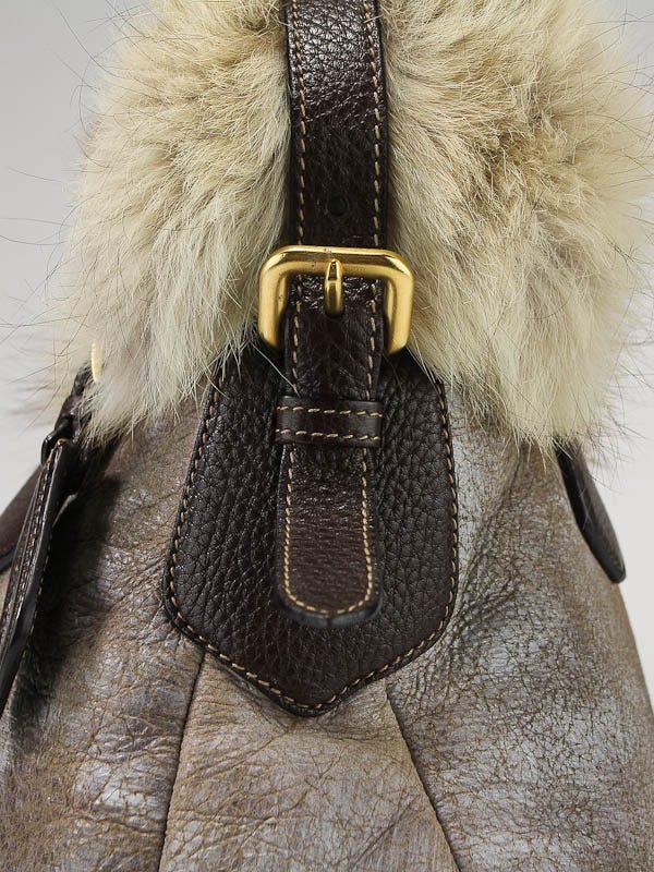 Prada Brown Distressed Leather with Fox Fur Montone Shopping Tote