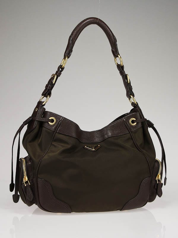 Prada Dark Khaki Tessuto Nylon and Leather Shoulder Bag BR3634