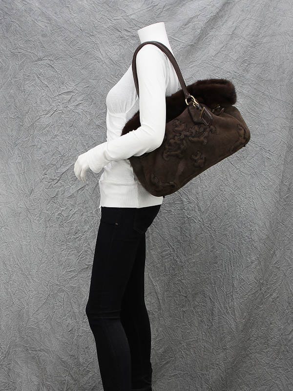 Prada Brown Suede Shearling Mink Trim Tote Bag | Yoogi's Closet