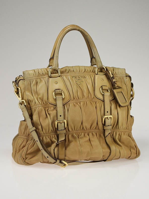 Prada Camel Ruched Lambskin Leather Gauffre Tote Bag BN1336