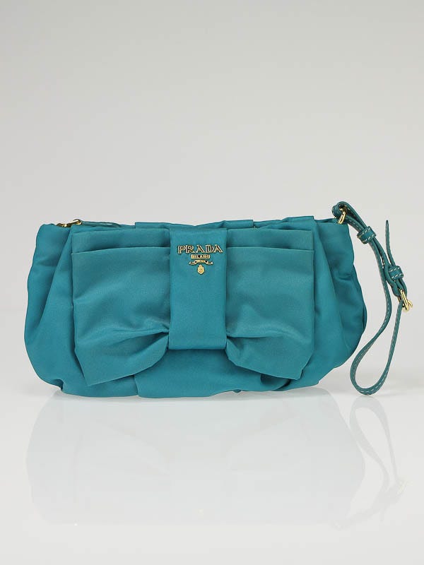 Prada Turquoise Tessuto Nylon Bow Wristlet Clutch Bag
