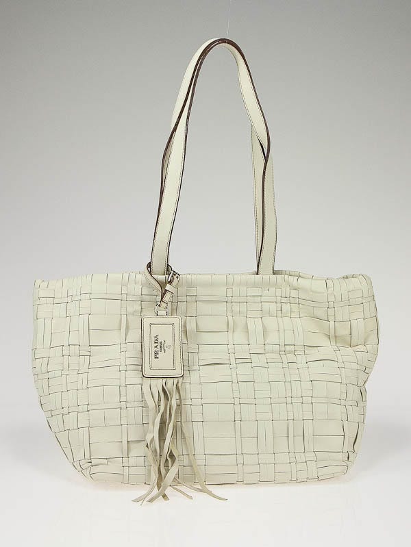 Prada Cream Nappa Leather Weave Tote Bag BR3911