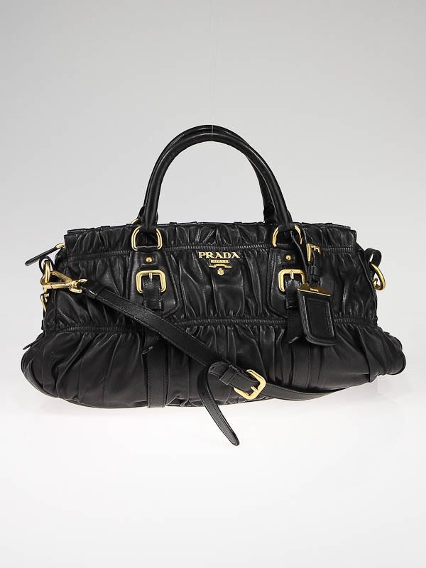 Prada Black Nappa Leather Gauffre Ruched Shopping Bag BN1407