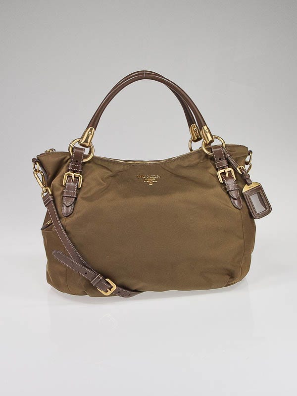 Prada Khaki Nylon and Brown Leather Tote Bag