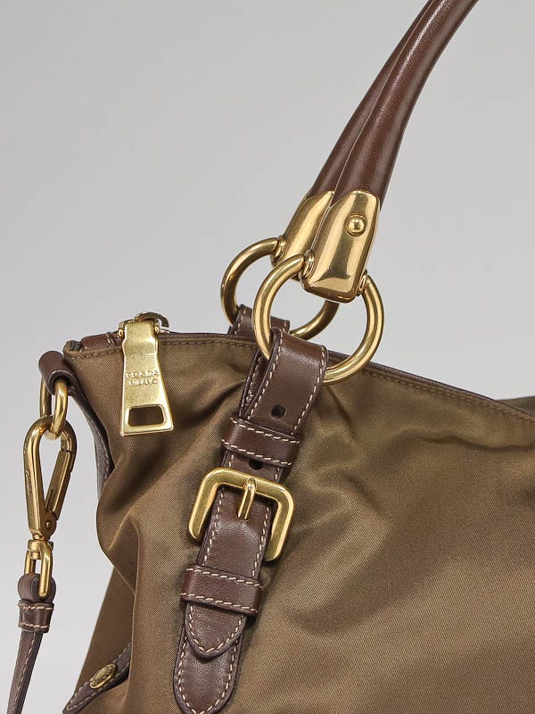 Prada Khaki Nylon and Brown Leather Tote Bag | Yoogi's Closet