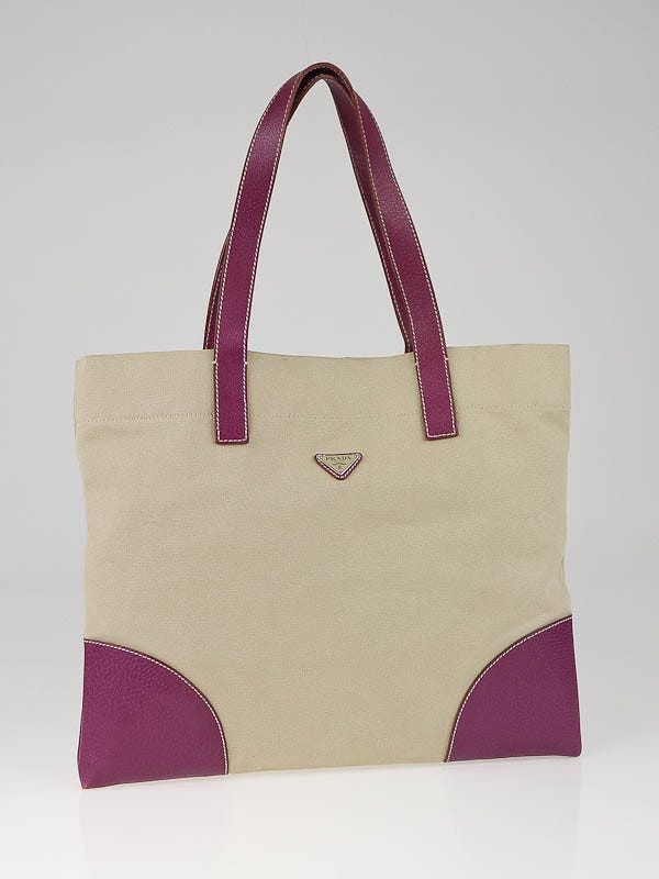 Prada Beige/Pink Canvas and Leather Shopping Tote Bag