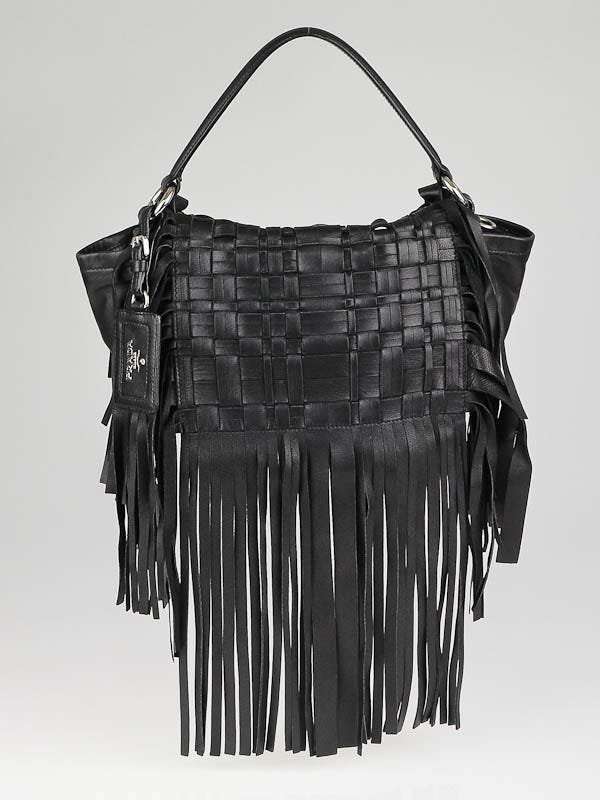 Prada Black Woven Nappa Leather Fringe Crossbody Bag