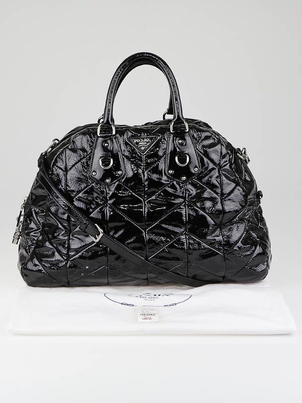 Prada Black Patent Leather Chevron Quilted Large Dome Tote Bag
