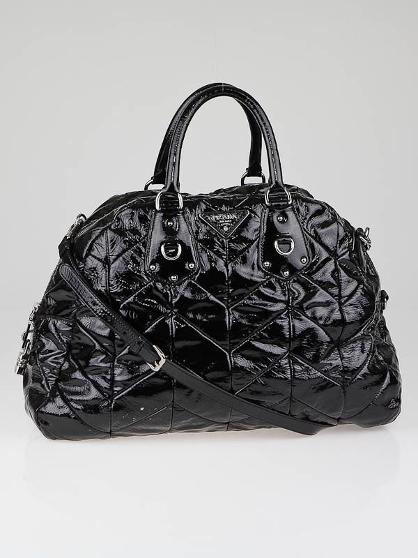 Prada Black Patent Leather Chevron Quilted Large Dome Tote Bag