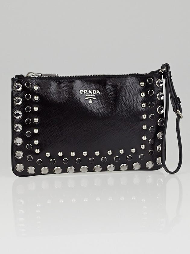 Prada Black Saffiano Vernice Leather Jeweled Wristlet Clutch Bag 1N1530