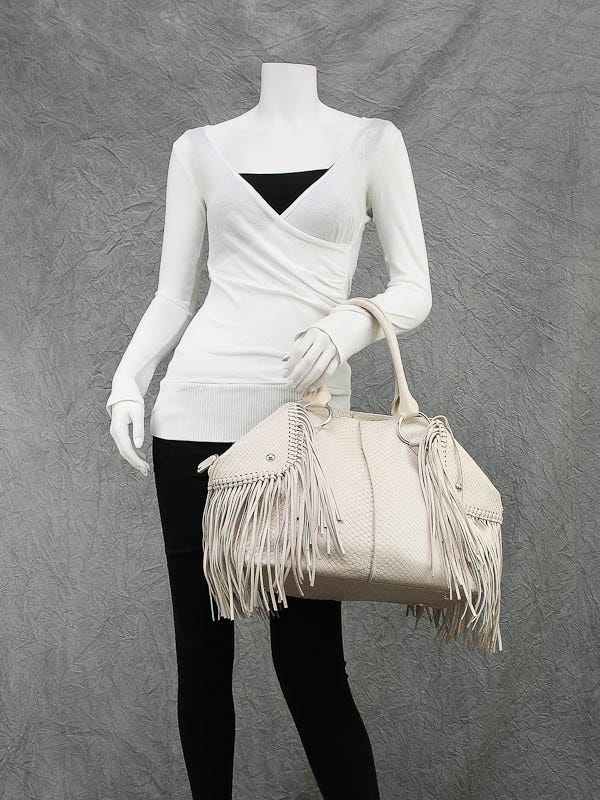 Tod's Cream Python and Leather Fringe Large Satchel Bag
