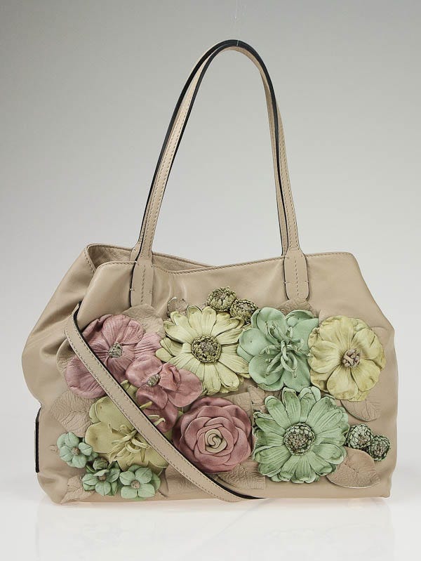 Valentino Tan Nappa Leather Flower Applique Tote Bag