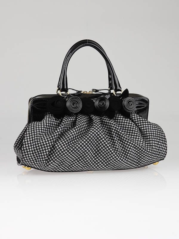 Valentino Garavani Black Patent Leather and Houndstooth Fleur Frame Bag