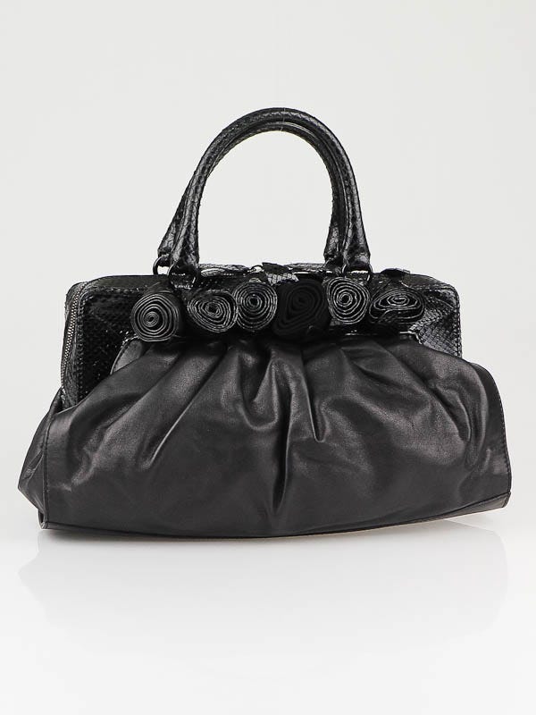 Valentino Garavani Black Leather and Python Fleur Frame Bag