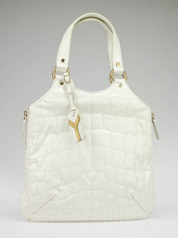 Yves Saint Laurent White Patent Leather Croc Embossed Small Tribute Bag