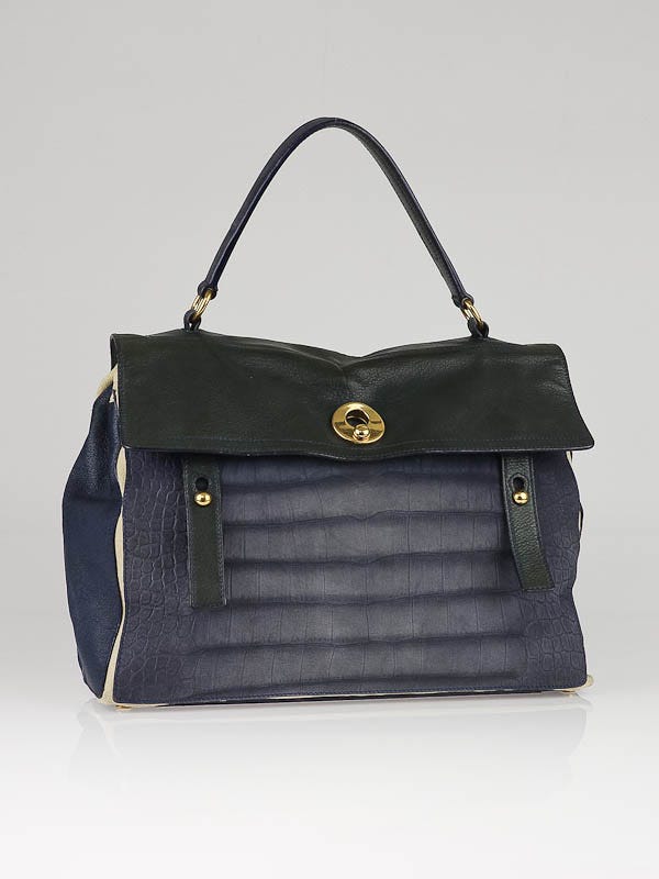 Yves Saint Laurent Blue Croc Embossed Suede and Leather Patchwork Medium Muse Two Bag