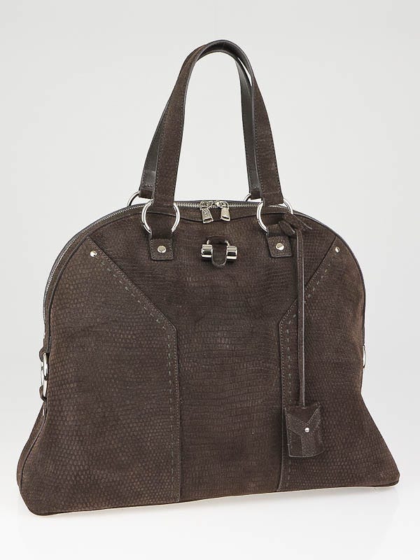 Yves Saint Laurent Chocolate Lizard-Print Suede Oversized Muse Bag
