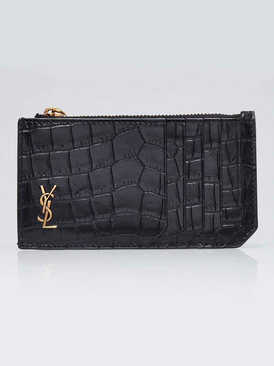 Yves Saint Laurent Black Croc Embossed Leather 5 Fragments Zip Card Case