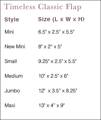 Chanel Classic Flap size chart